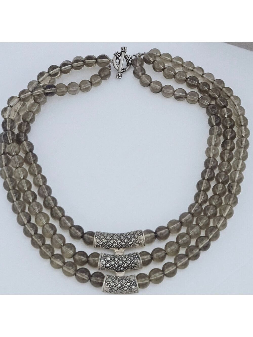 Vintage Triple Strand Natural Smoky Quartz .925 Sterling Silver Necklace - Picture 3 of 7